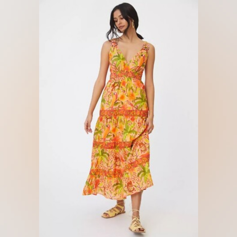 HTF FARM RIO tiered maxi dress orange print Anthropologie sz M
